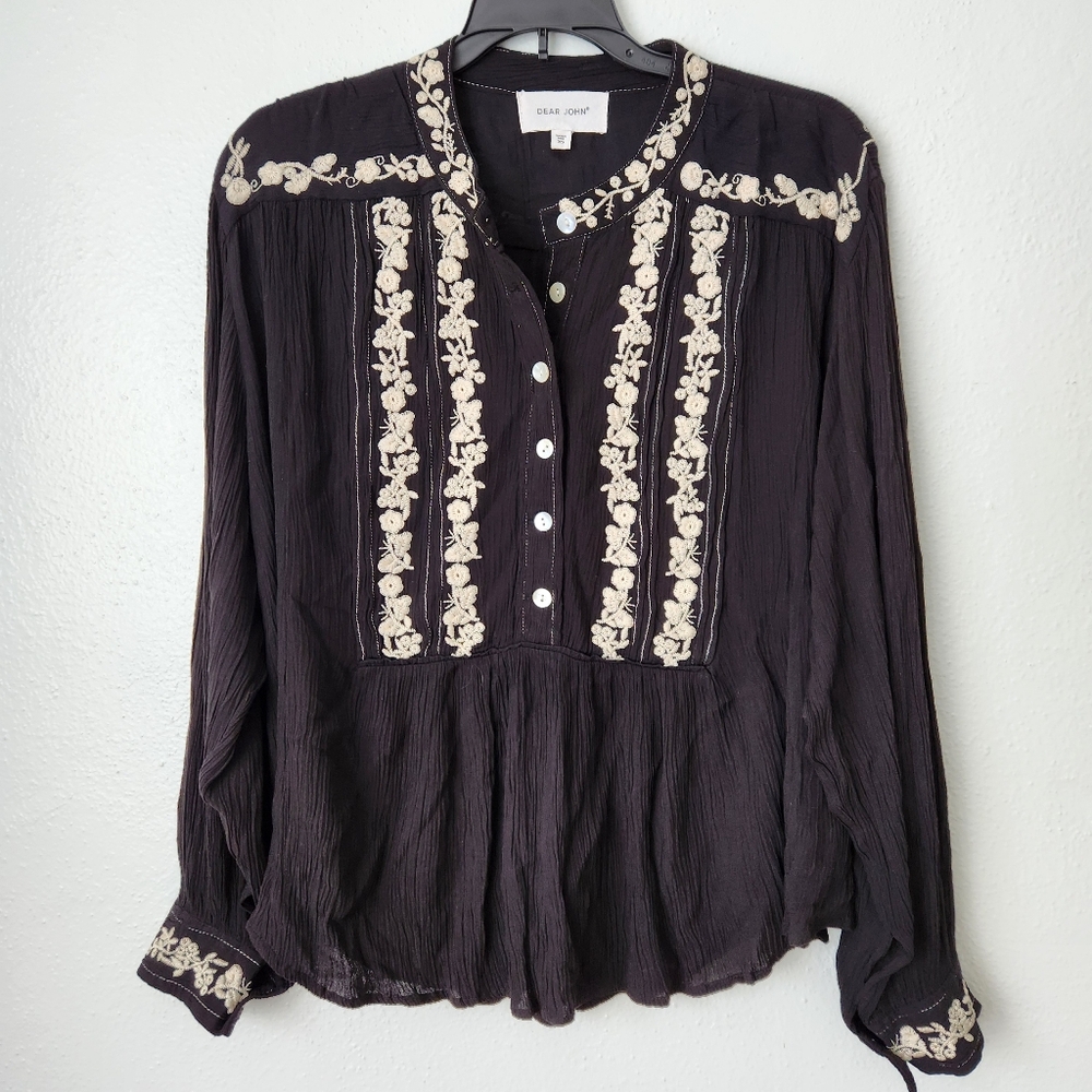 Dear John Black Embroidered Long Sleeve Blouse  XS